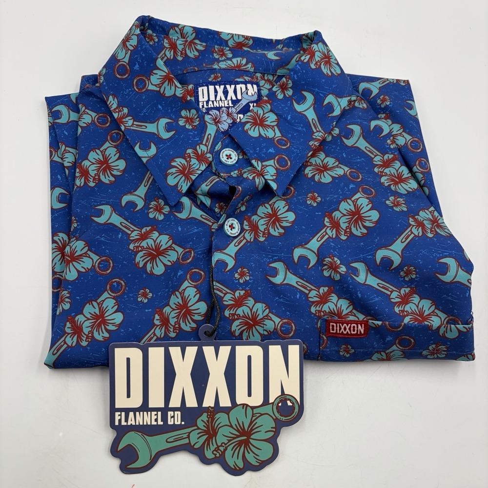 Dixxon Flannel Co GET LEI'D Hawaiian Shirt Mens XL Blue Wrench Hibiscus Print